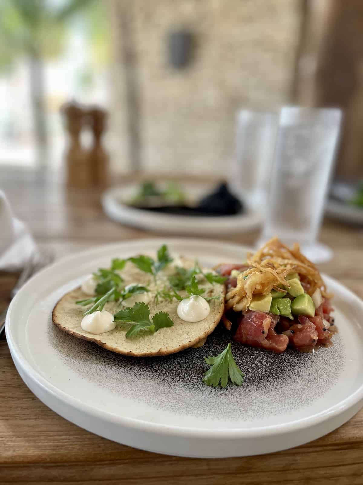 White plate with raw tuna, avocado, crispy onions, and tortilla with cilantro.