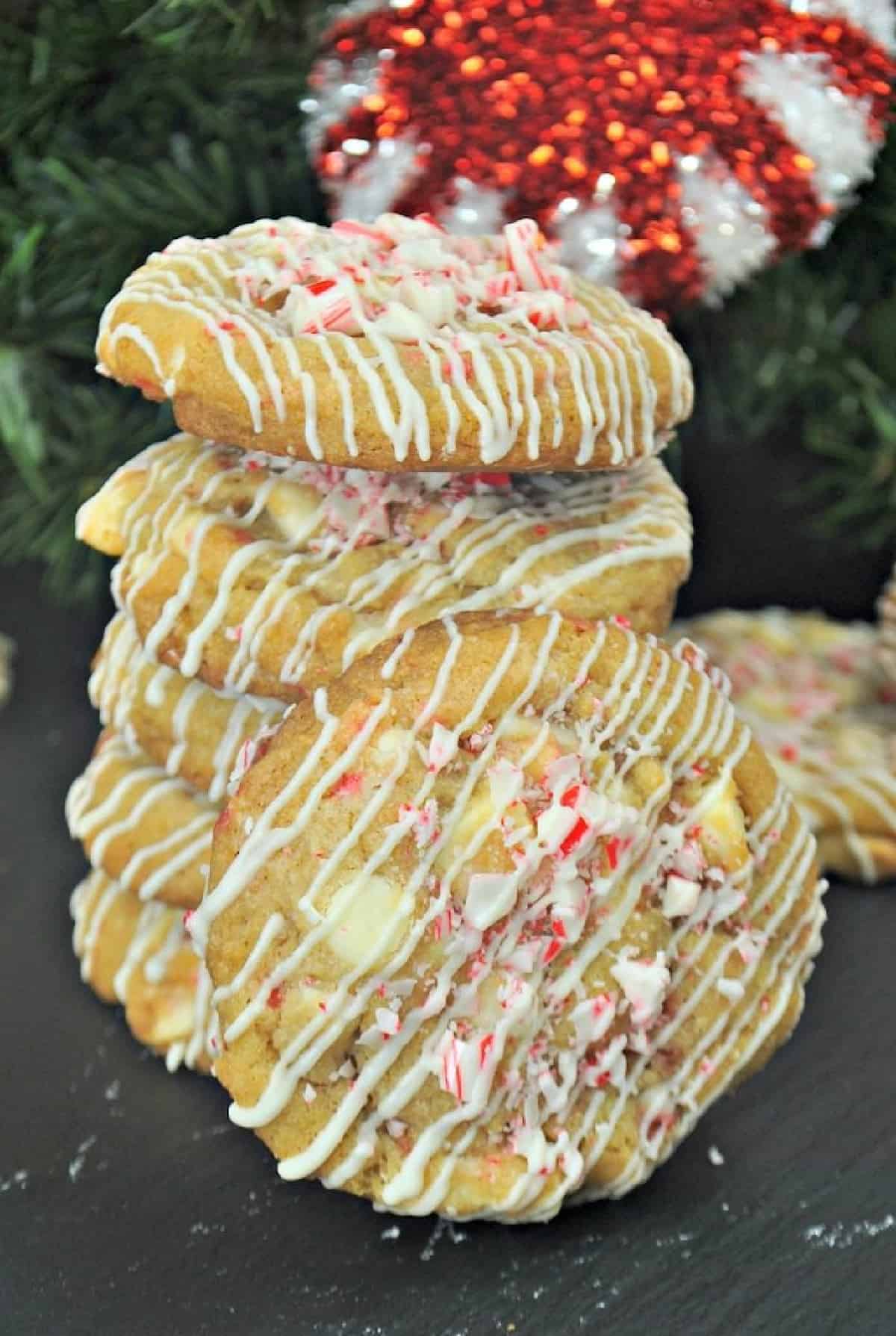White chocolate candy cane cookies.