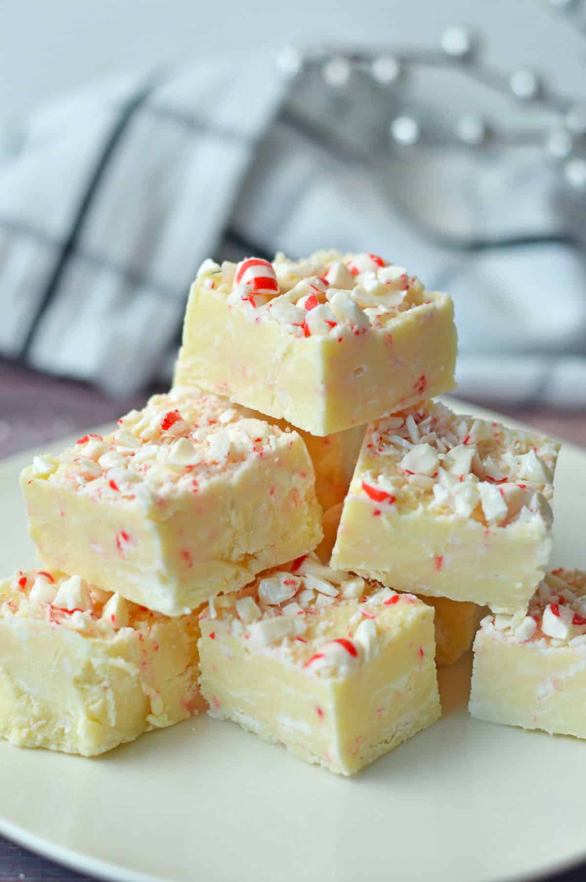 White chocolate fudge with peppermint candy pieces.