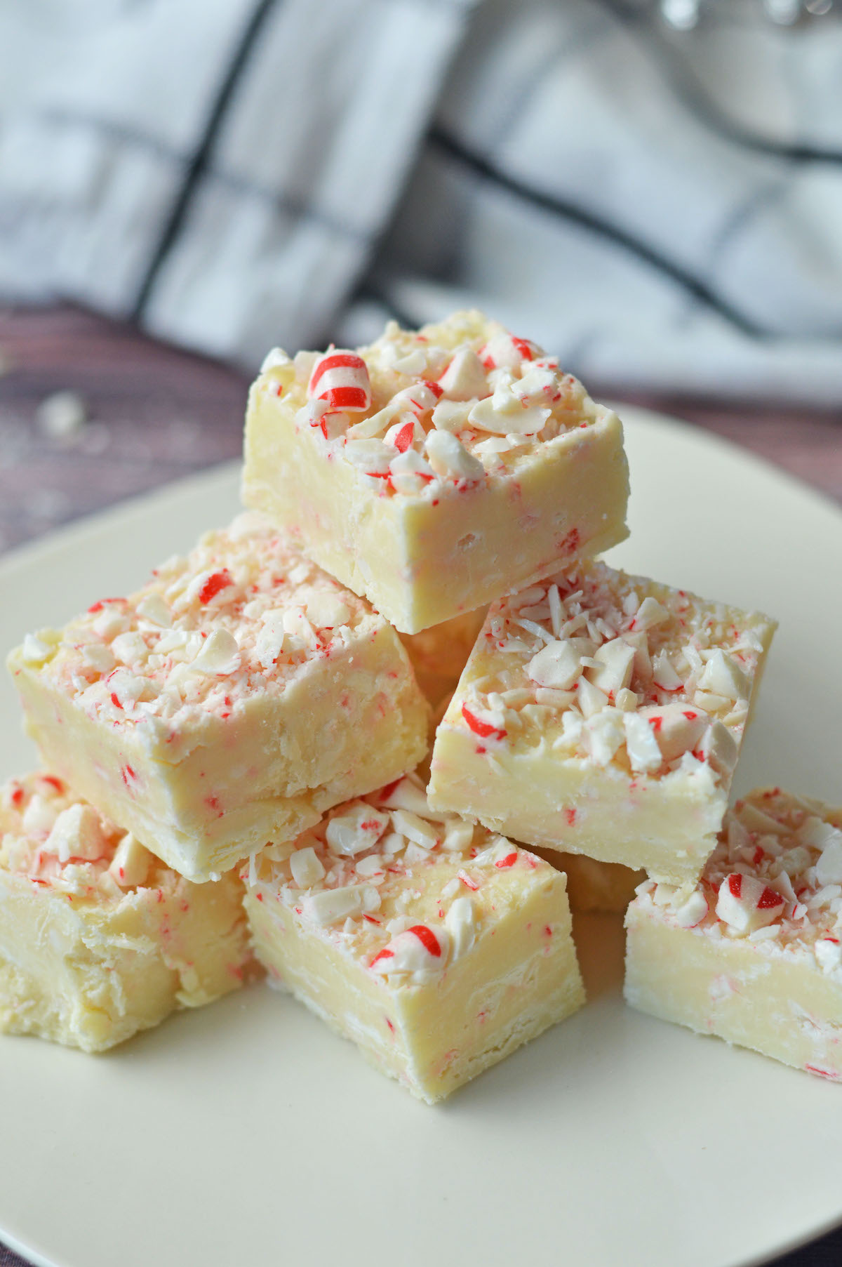 White chocolate fudge with peppermint candy pieces.