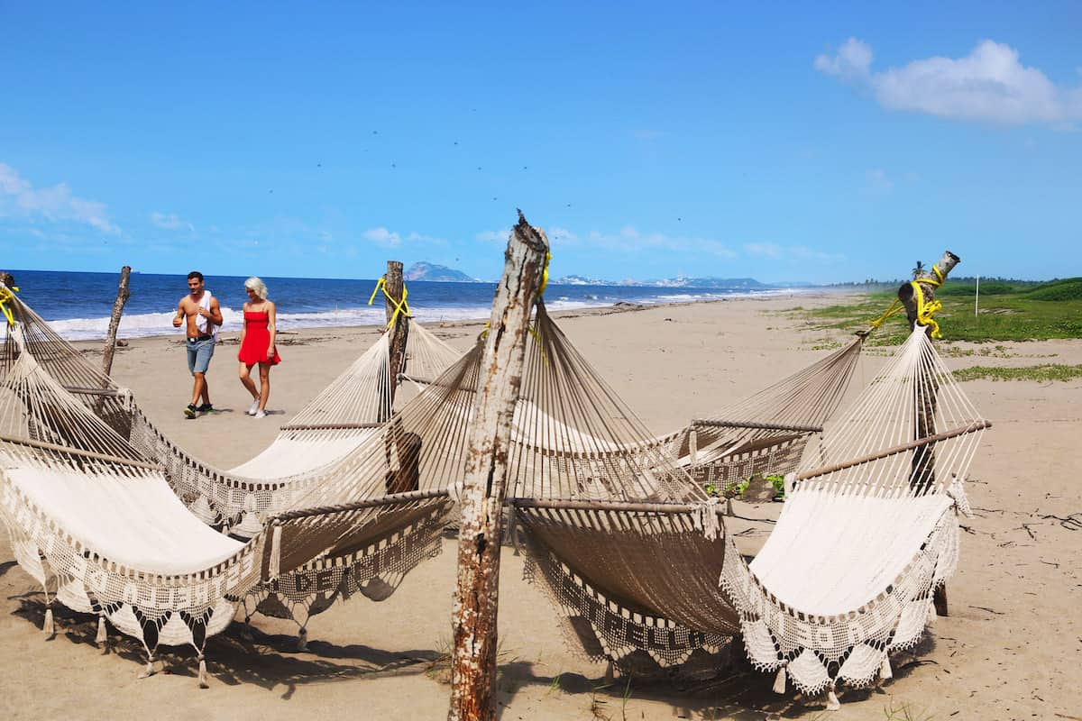 Hammocks and people on beach.