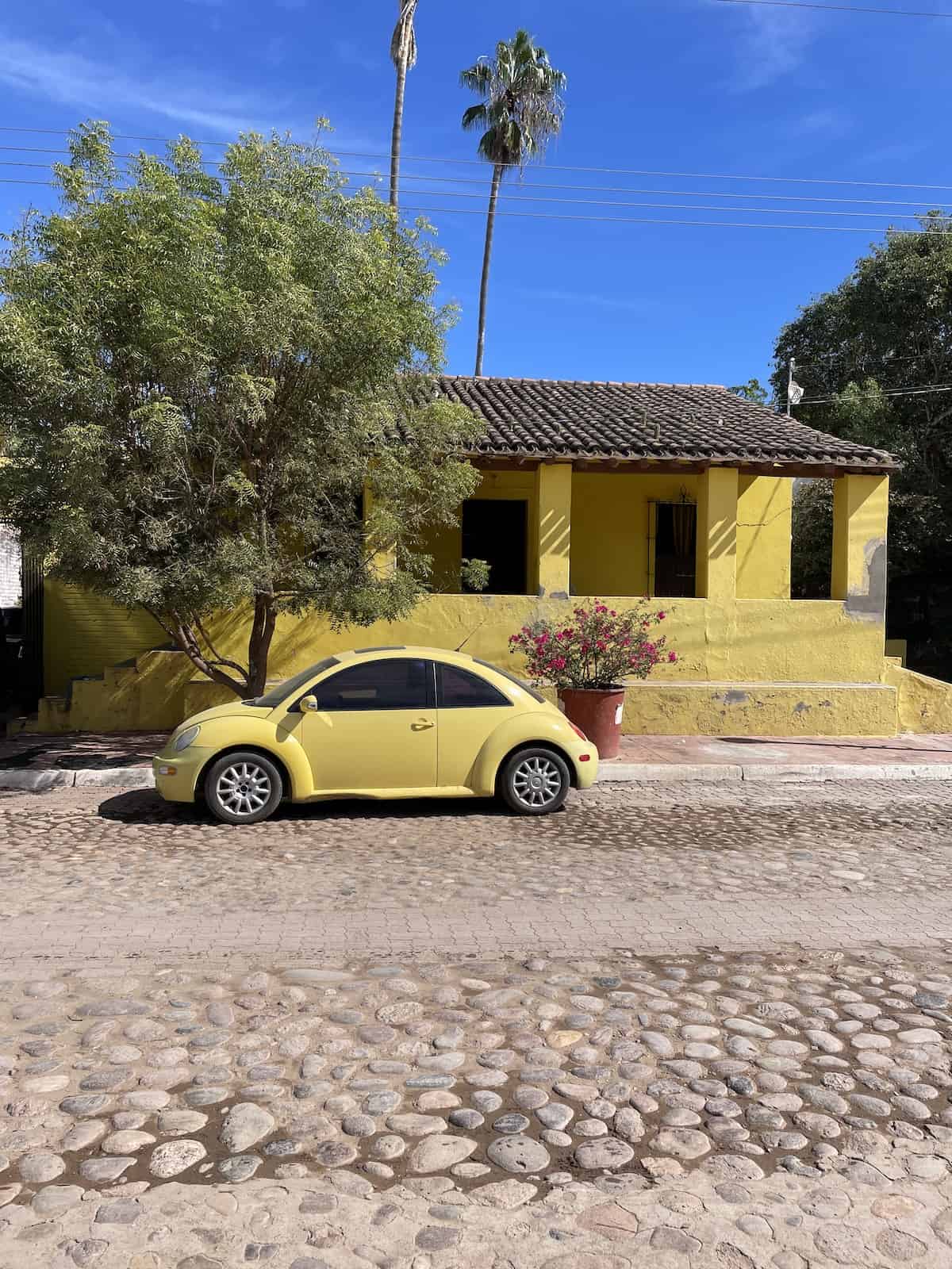 Yellow car in front of yellow house.