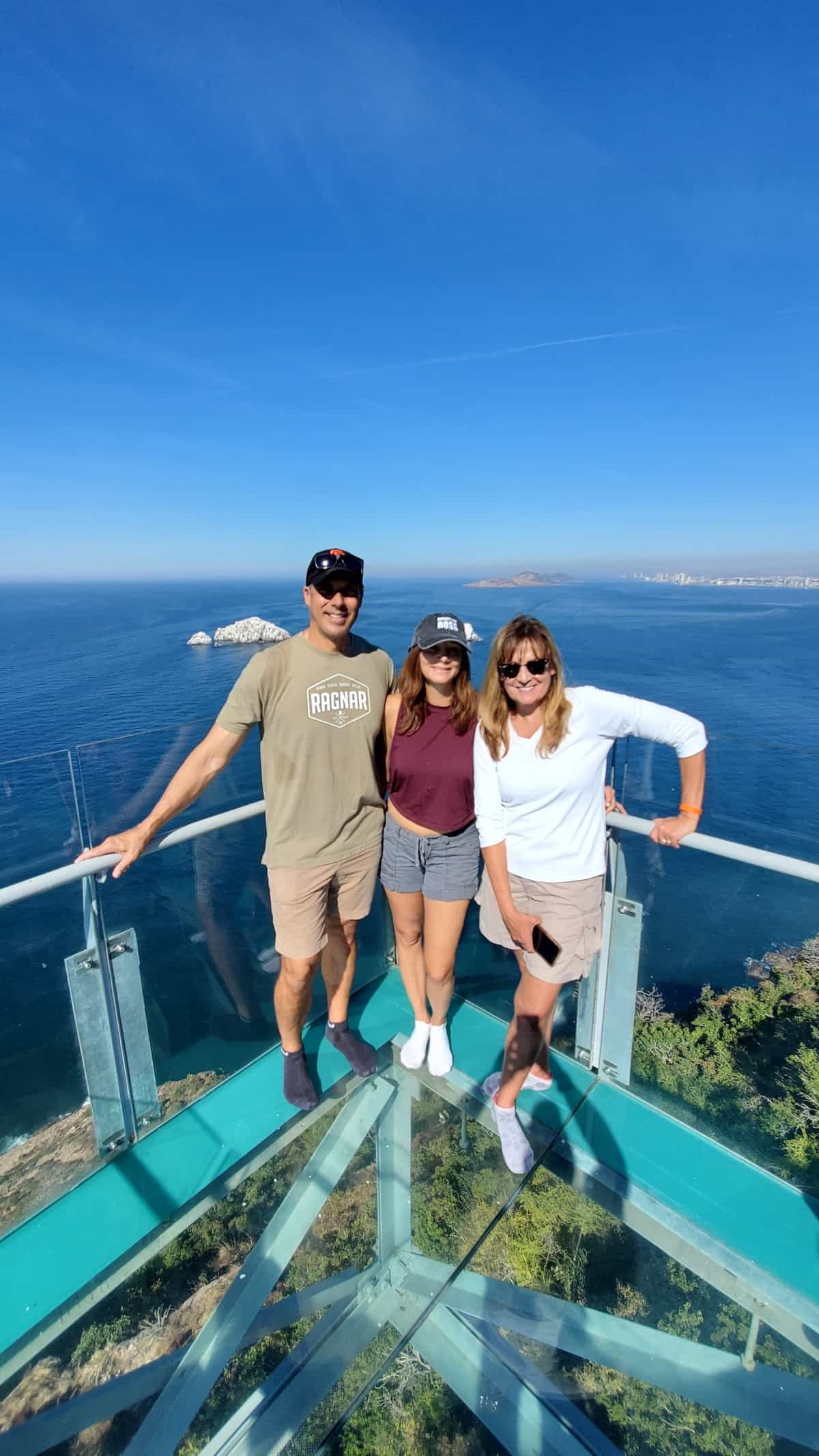 People on glass walkway.