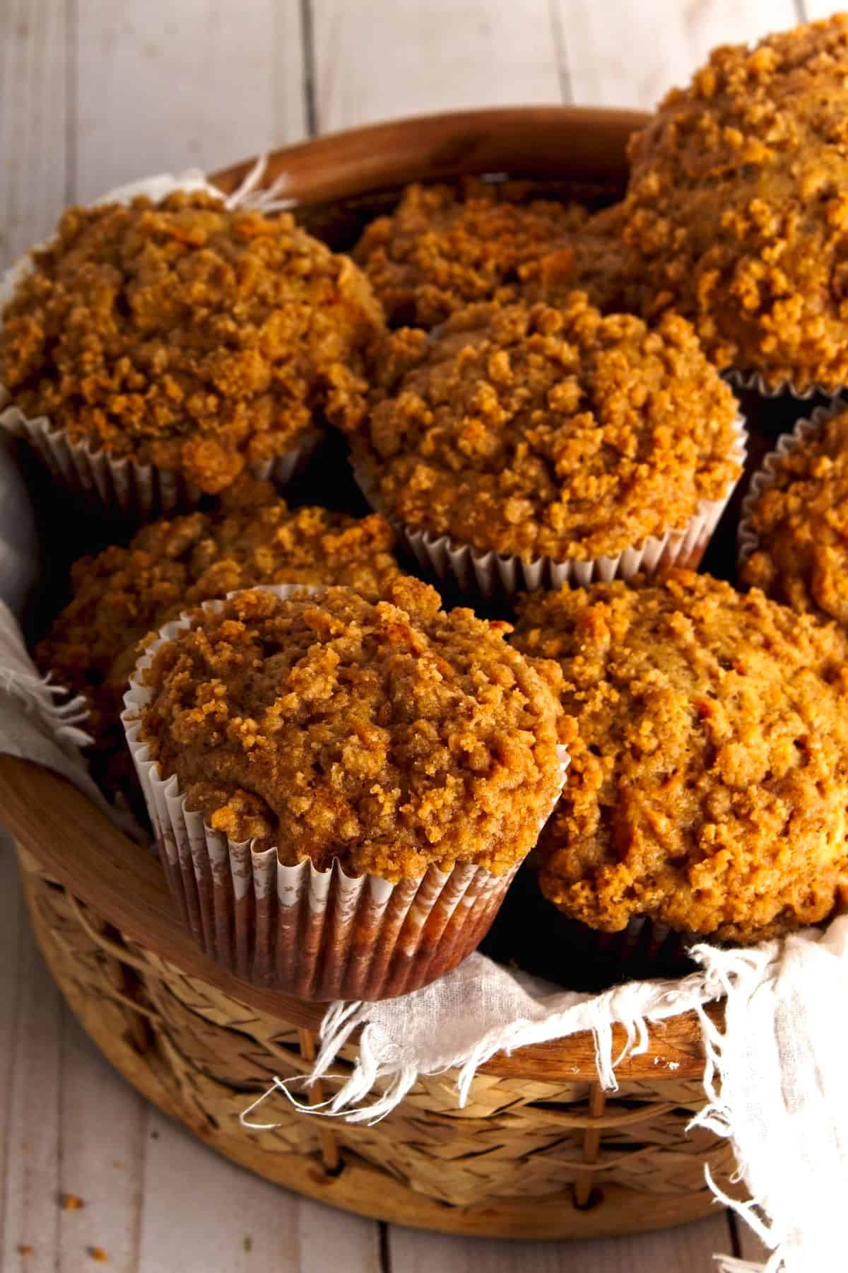 Sweet Potato muffins in a basket with cream colored napkin.