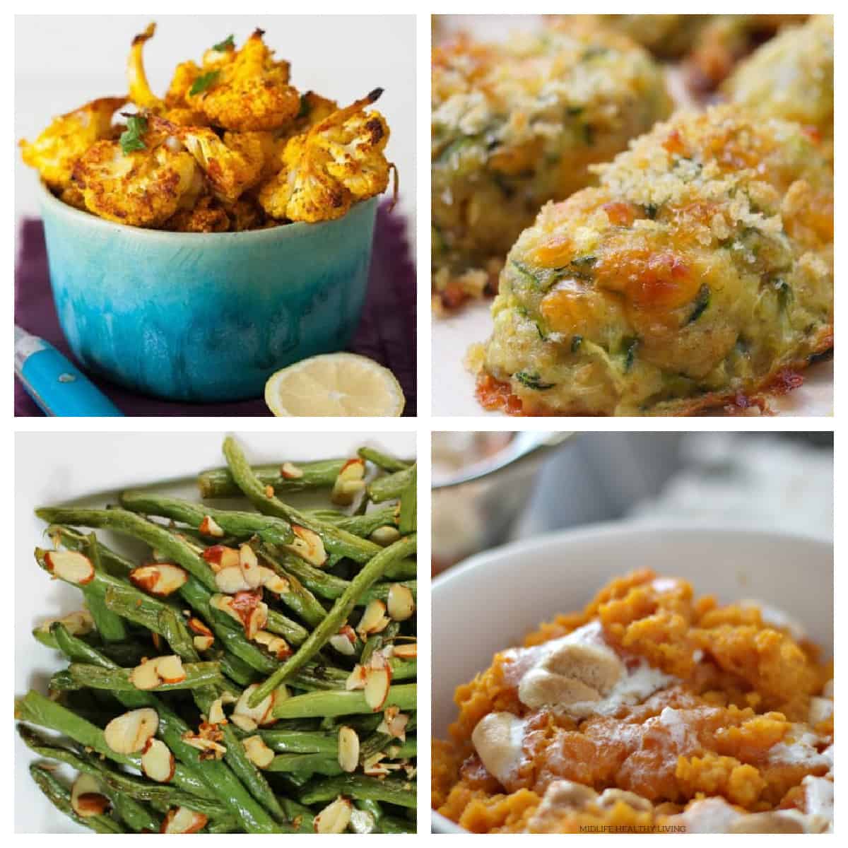 Collage of 4 side dishes for Christmas dinnere.
