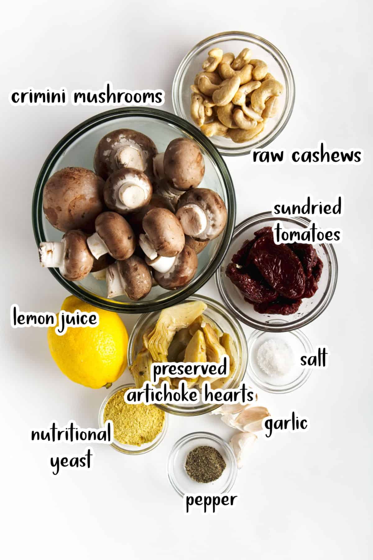 Labeled ingredients for vegan stuffed mushrooms.