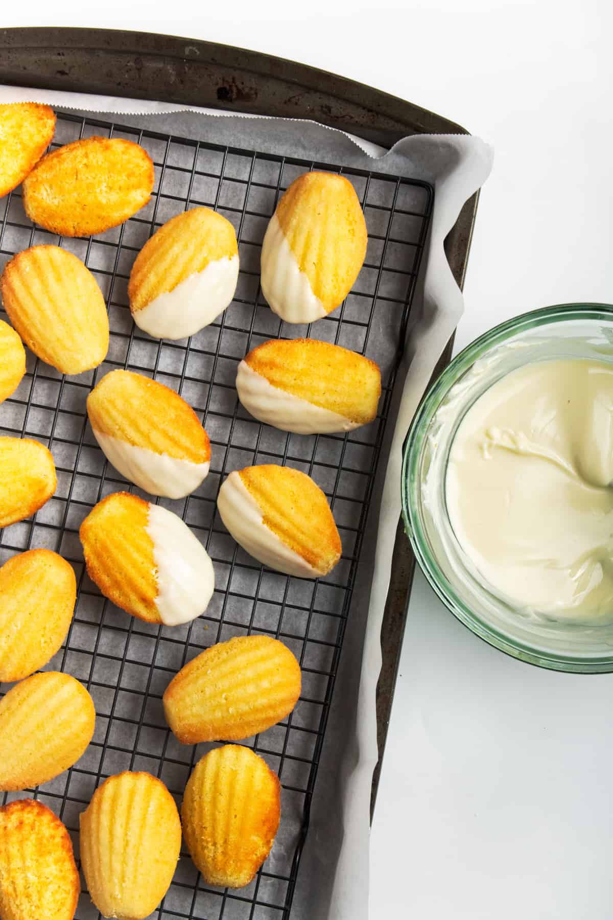 White chocolate dipped madeleines.