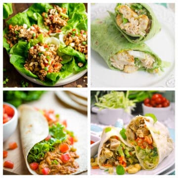 A variety of chicken wraps in a collage.