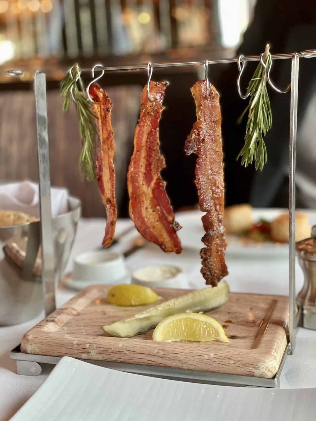 Bacon on a mini clothes line.