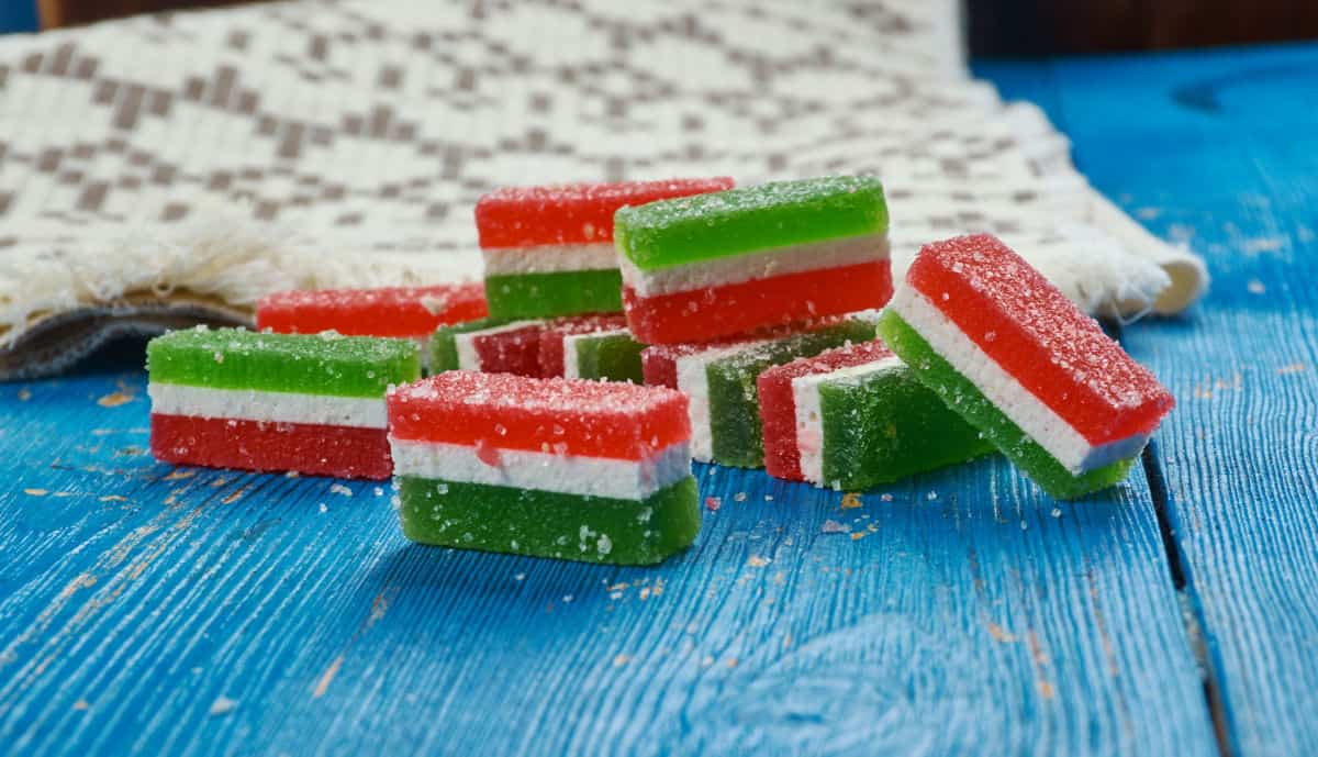 Agar agar red, white, and green Indonesian dessert.