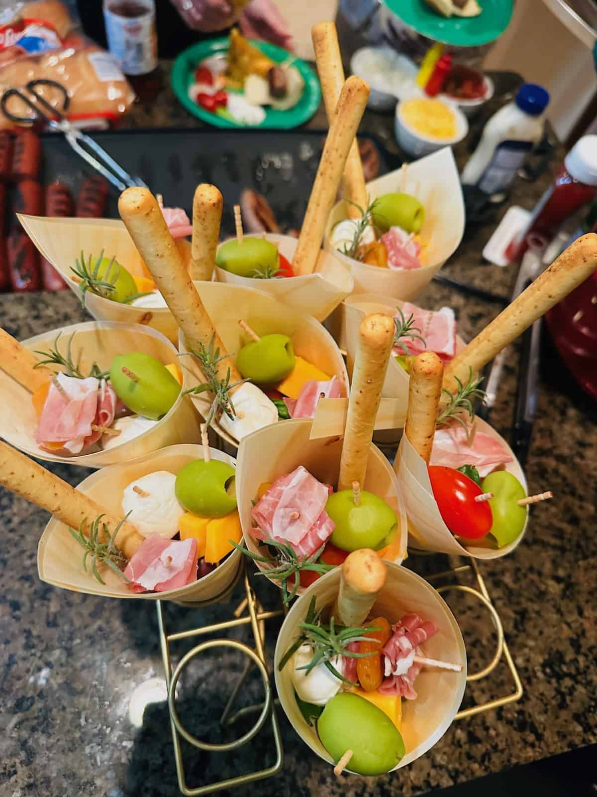 Charcuterie cones at party.