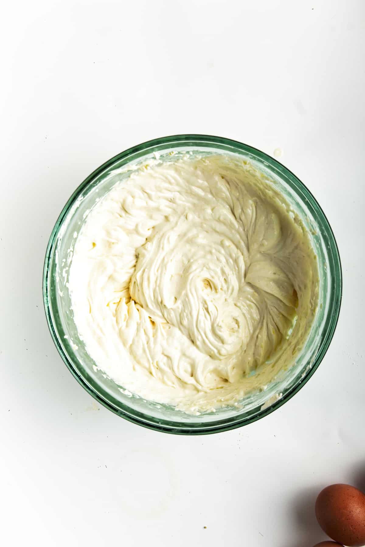 Cream cheese mixture in glass bowl.