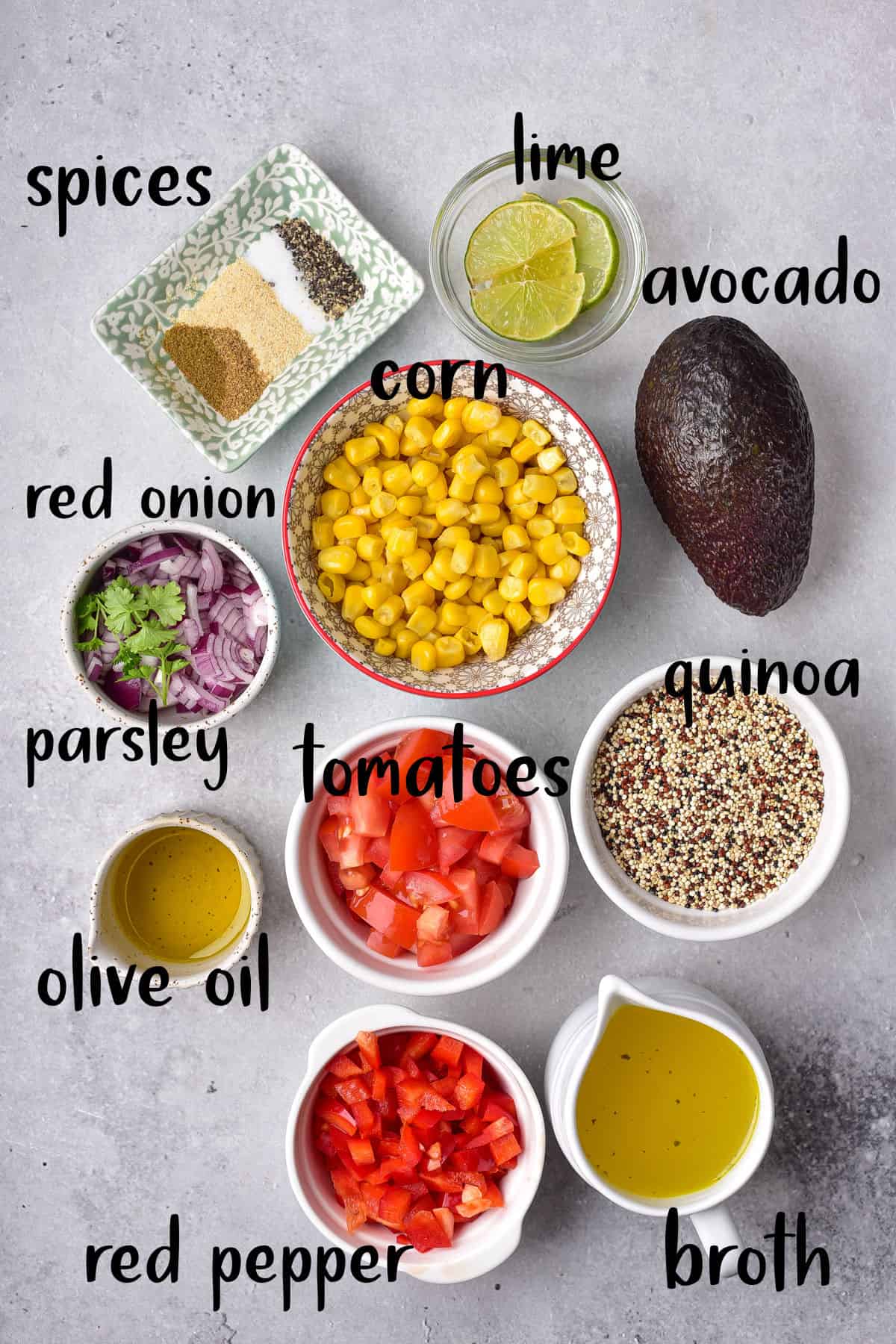 Mexican Quinoa ingredients on a grey table.