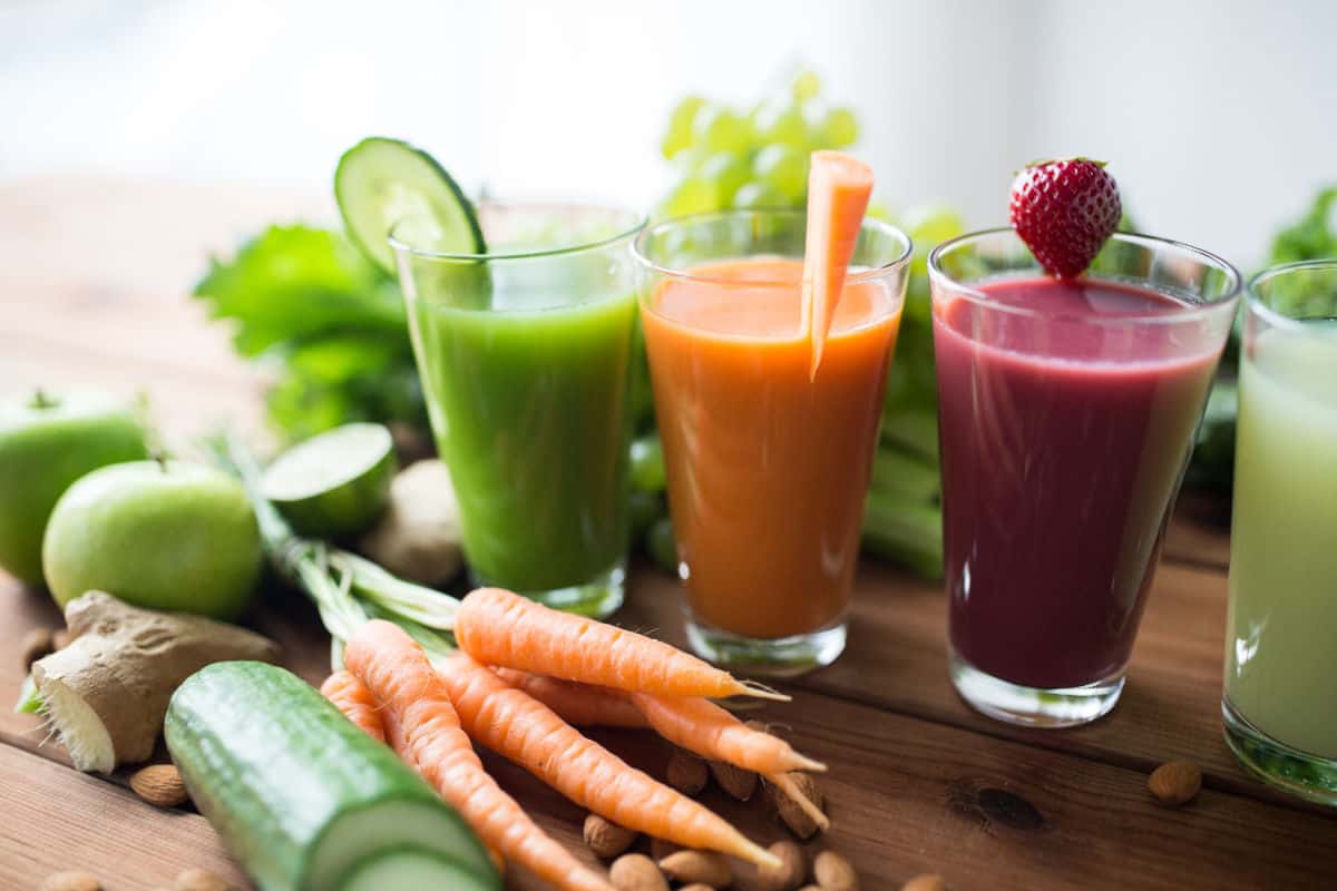 Cucumber, carrot, and strawberry juices.