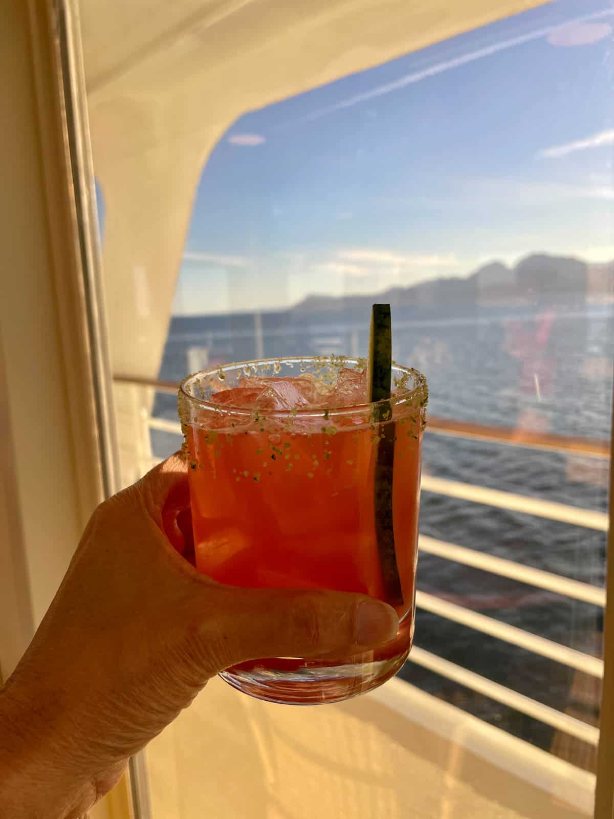 Glass with red liquid and straw in front of window in Baja Mexico.