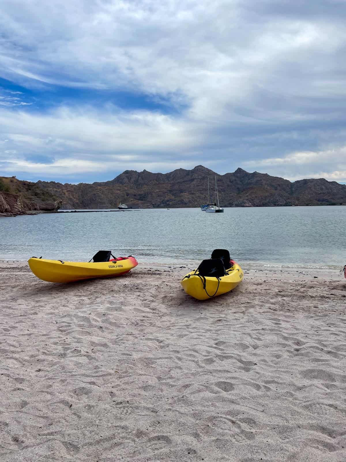 Kayaks on beach in Baja Mexico.