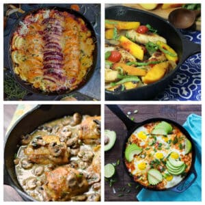 Collage of cast iron skillet meals.