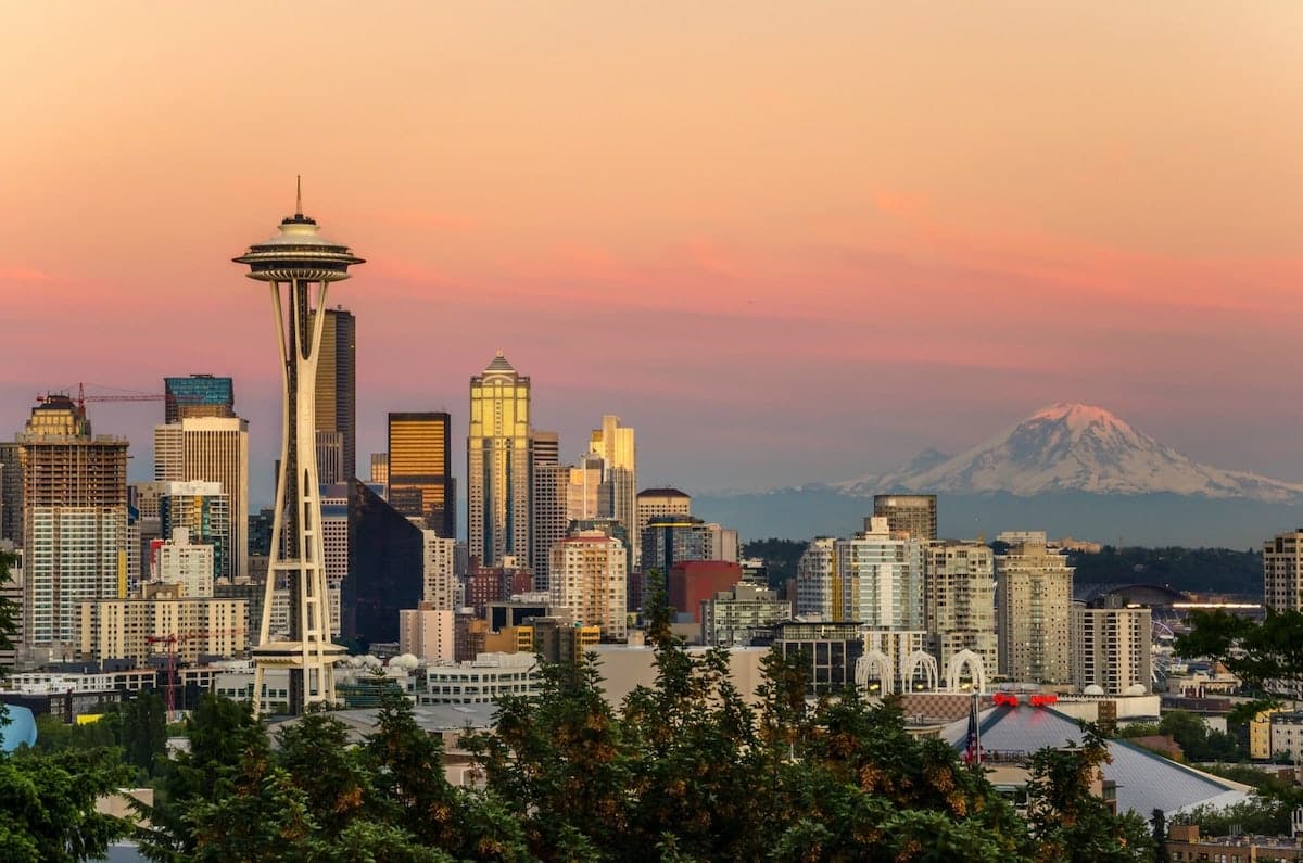 Seattle skyline with sun setting.