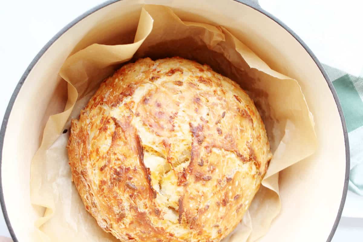 Baked cheddar bread on parchment paper in Dutch oven.