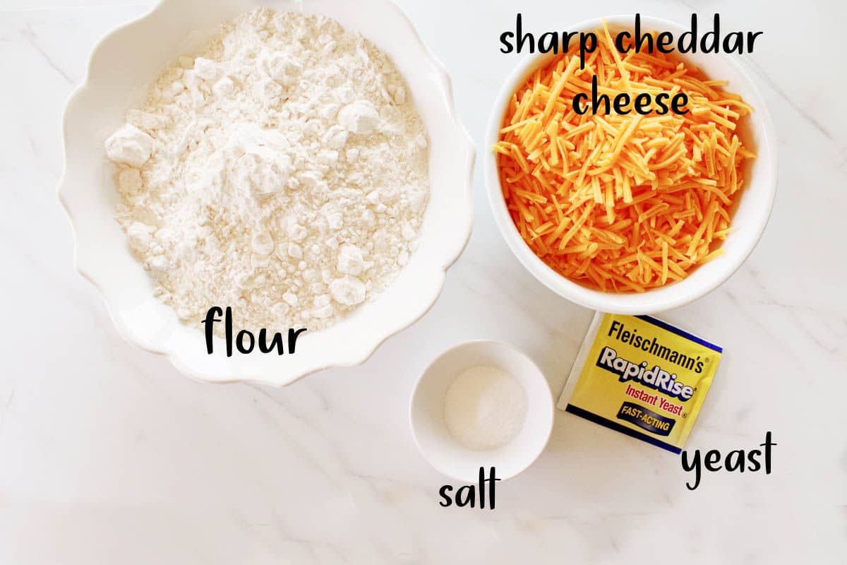 Ingredients to make no-knead cheddar bread.