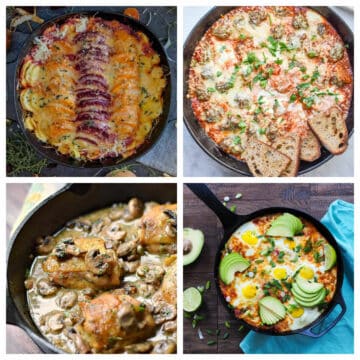 Cast iron skillet meals in a collage.