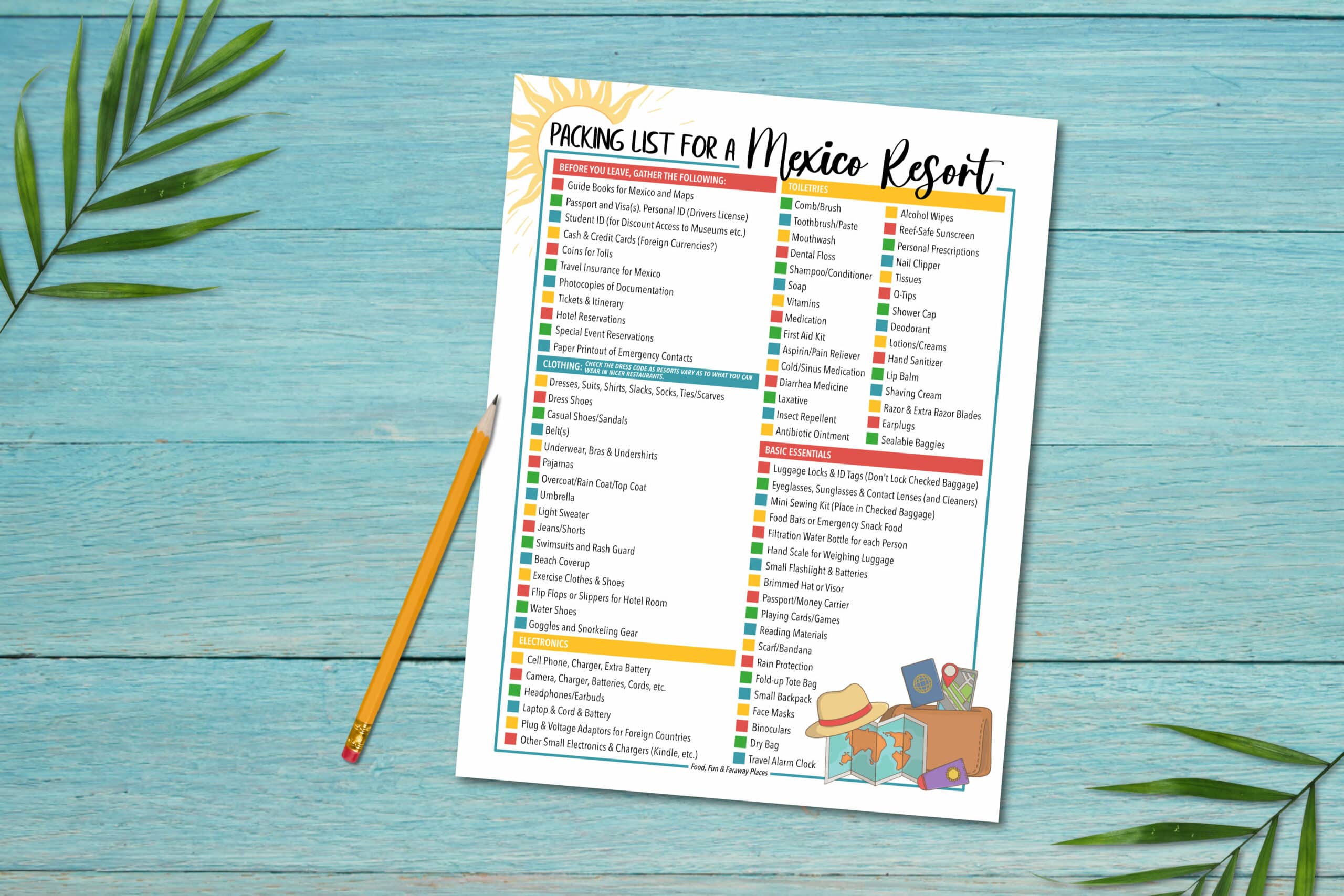 Graphic of a packing list with a pencil on a blue table.