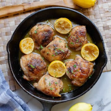 Chicken thighs in a lemon pan sauce.