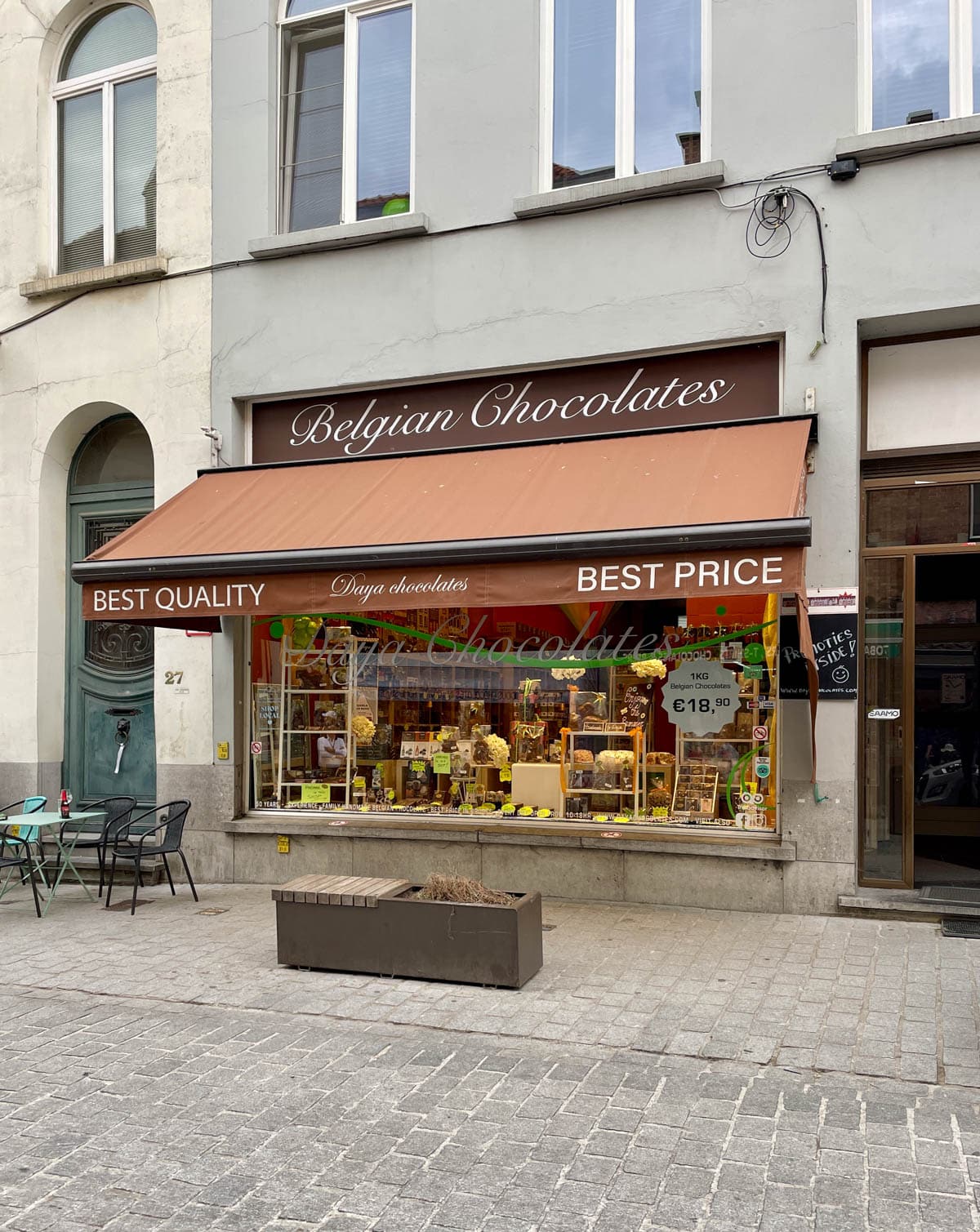 Chocolate shop with awning.