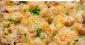 Brussels sprouts casserole with cheese.