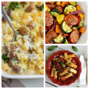 Smoked sausage dinner recipes in a collage.