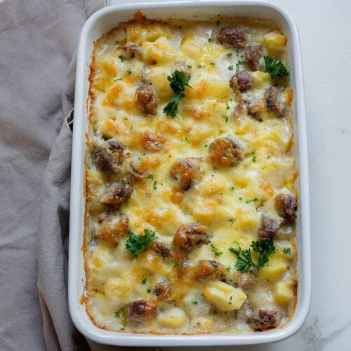 Cheese potato and smoked sausage casserole.