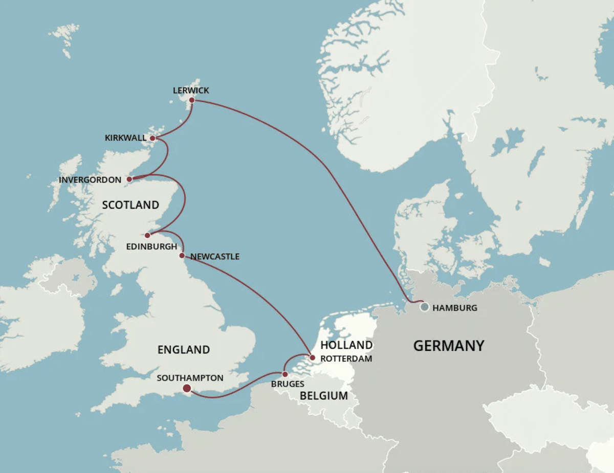 Map of Oceania Cruise from Hamburg around Scotland, Belgium, Holland, ending in England.