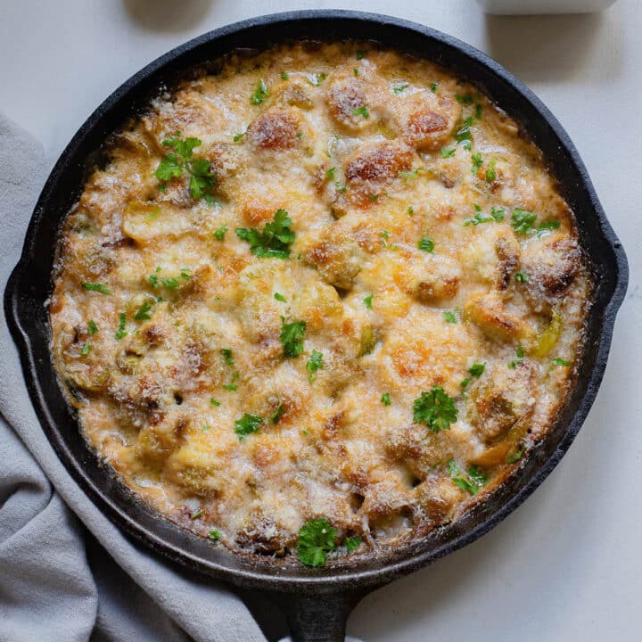 Casserole of brussels sprouts and cheese sauce.