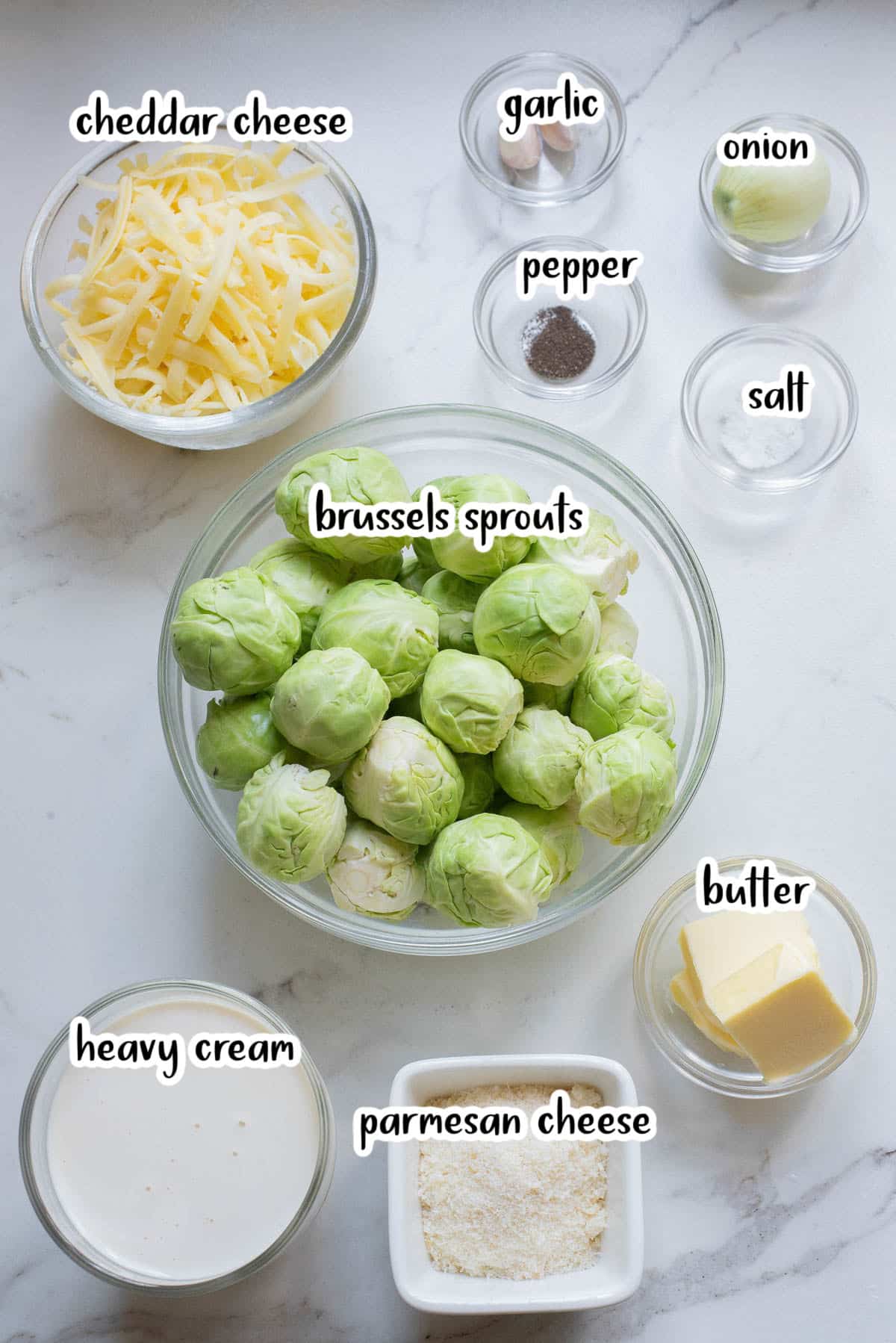 Ingredients for parmesan brussels sprouts casserole.