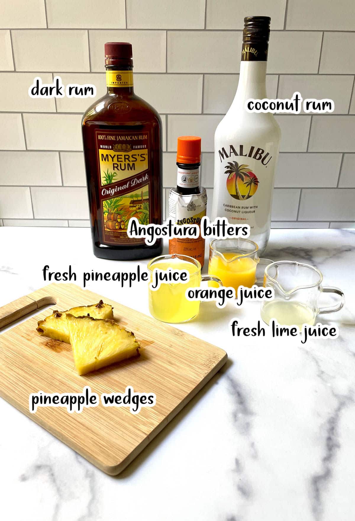 Ingredients for a coconut rum cocktail.