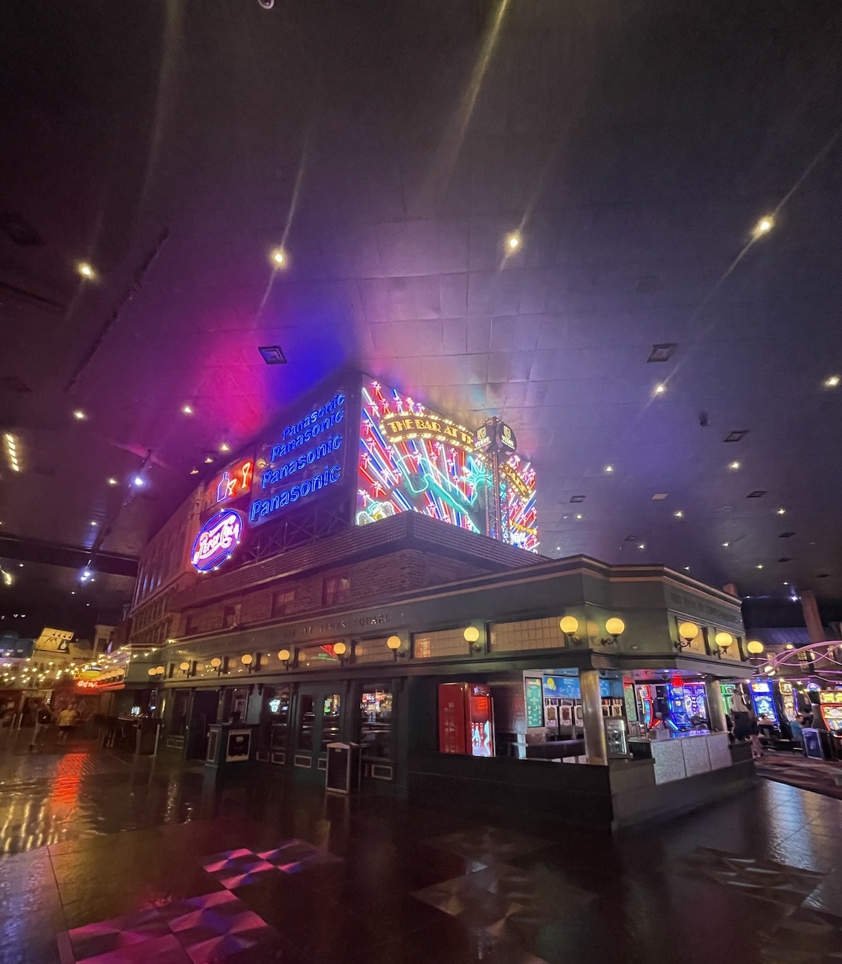 Hotel in Las Vegas with bright lights and neon.