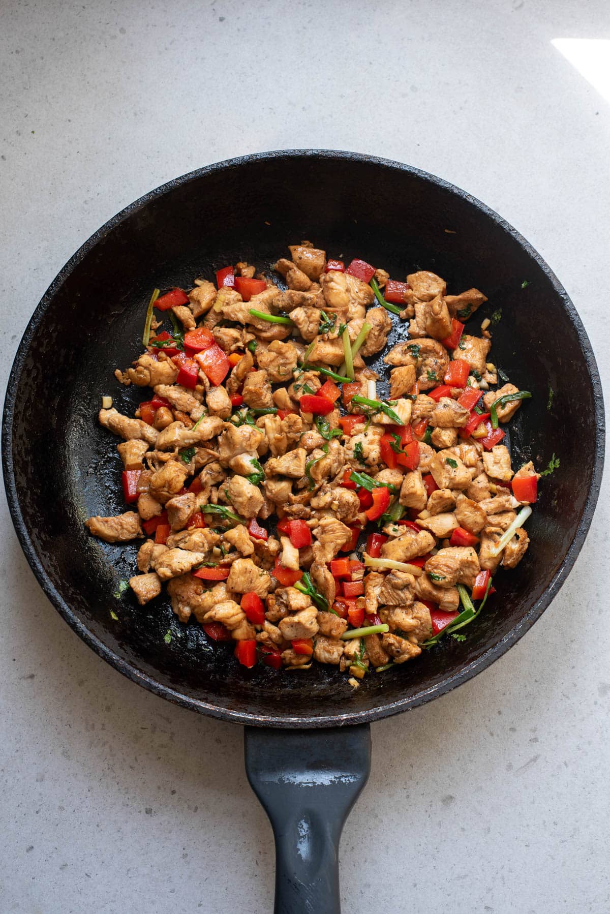 Cooked cubed chicken with vegetables.