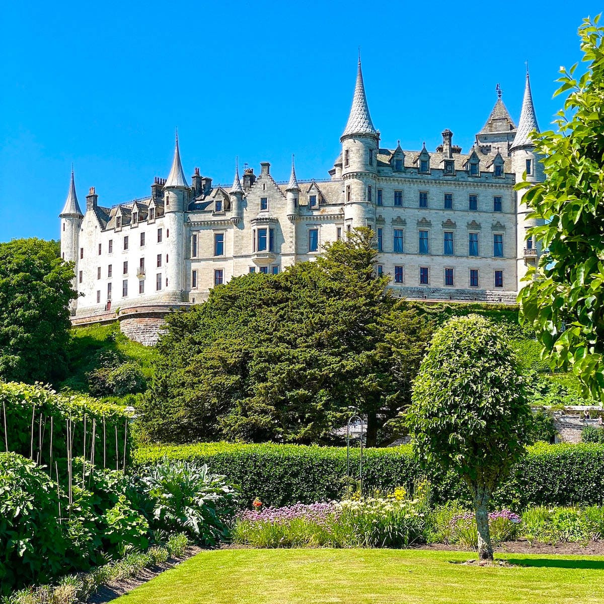 Castle on hill against a blue sky with gardens in front.