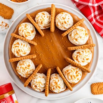 Biscoff Cheesecake decorated with whipped cream and cookies.