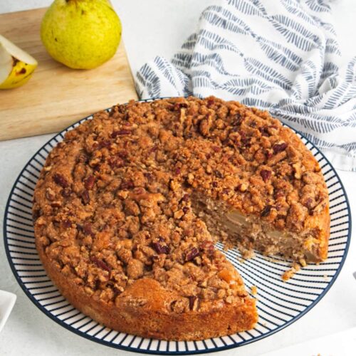 Coffee cake on a glass plate.