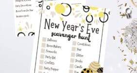 Graphic for printable New Years Eve games for Pinterest.