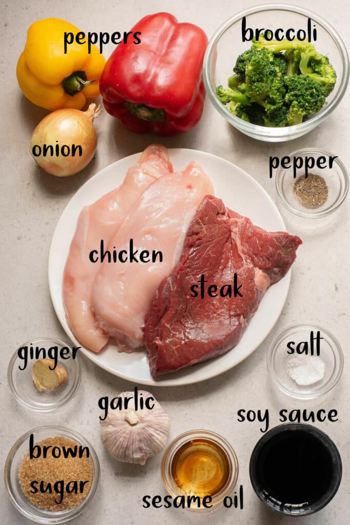 Ingredients for chicken and steak stiry fry.