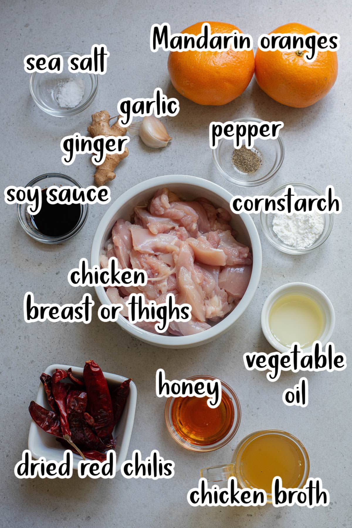 Ingredients to make Mandarin chicken.