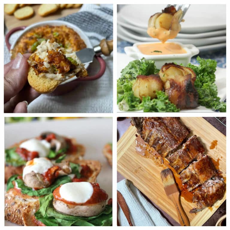 Collage of recipes for a tailgate party including crab dip, scallops, bruschetta, and ribs.