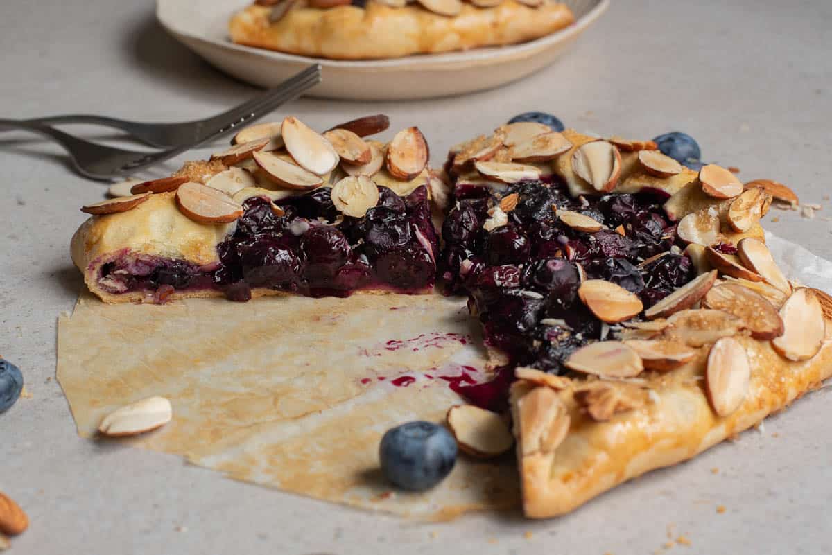 Baked blueberry galette parchment paper cut with a piece on a plate.