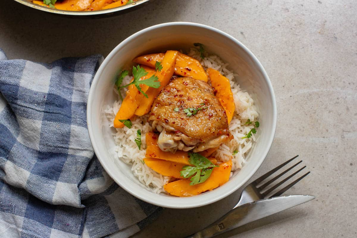 Chicken and mango with rice in a white bowl.