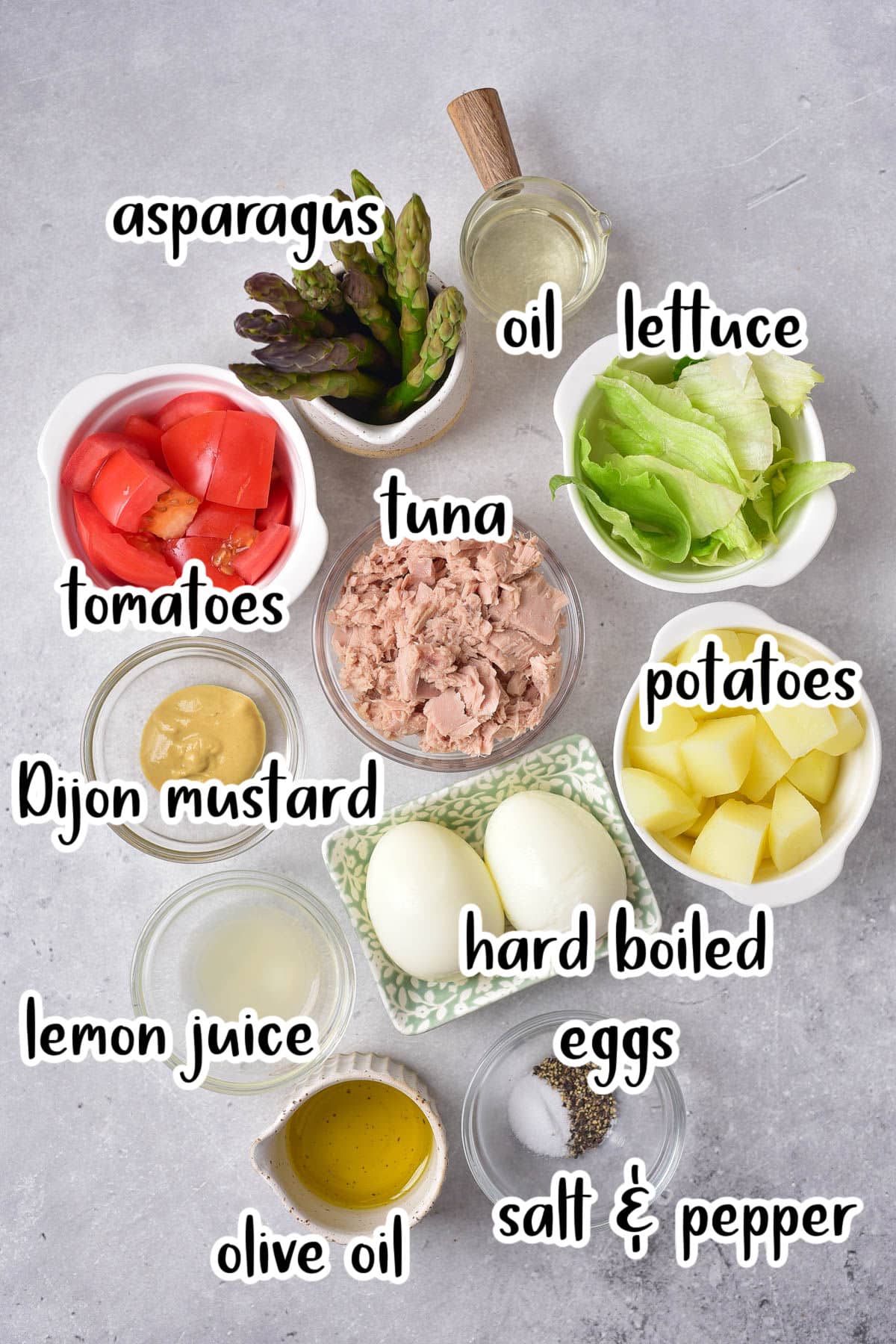 Labeled ingredients for a tuna nicoise salad.