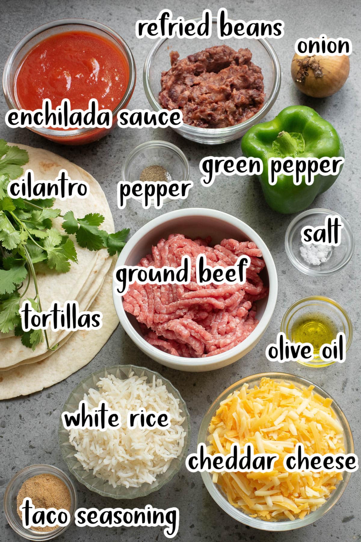 Labeled ingredients for burritos.