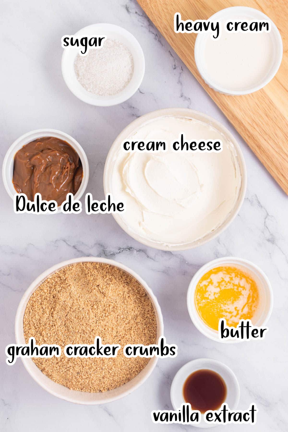 Labeled ingredients for cheesecake bars.
