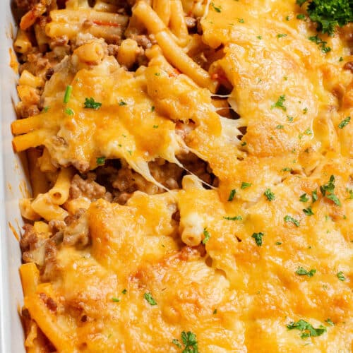 Baked ziti in a casserole dish.